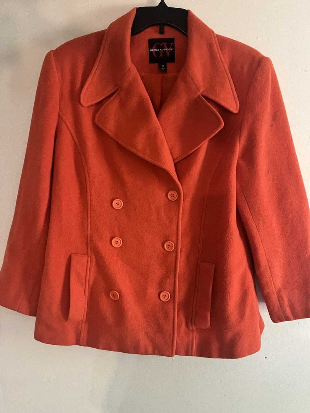 Gloria Vanderbilt Double Breasted Collared Pea Coat Orange Pockets Women’s 12